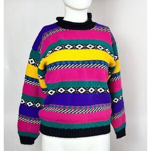 Vintage 80s bright Geometric Sweater Women's Small Pink Multicolor Retro Striped